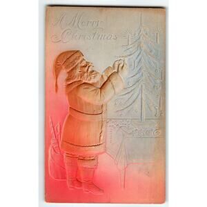 Santa Claus Christmas Postcard Airbrushed Embossed Decorates Trims A X-mas Tree